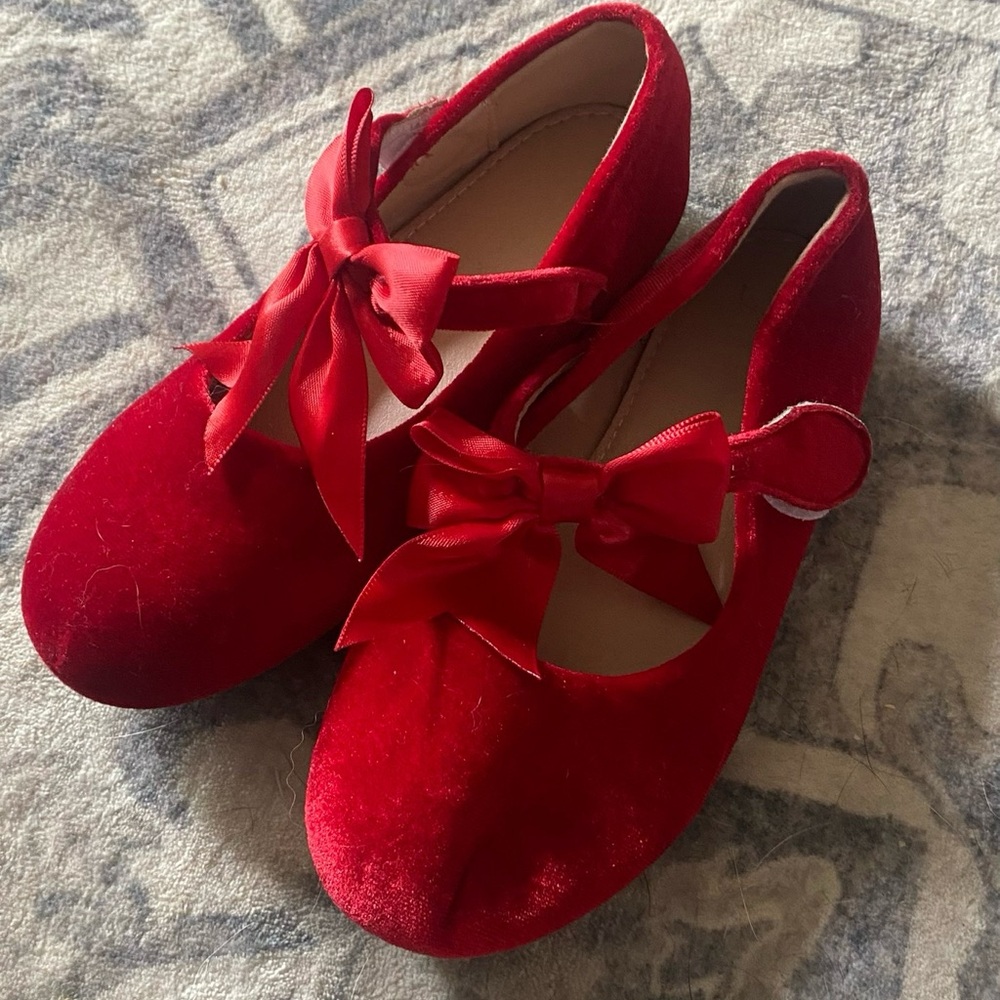Girls Red Velvet Bow Mary Jane Flats